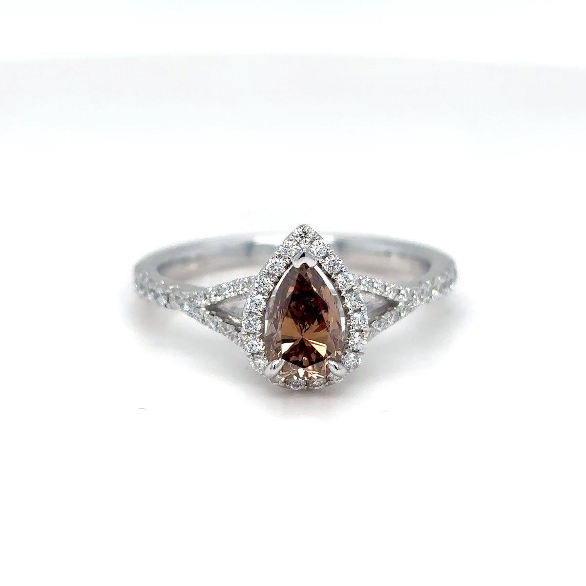 14KW 0.86CTW CHOCOLATE PEAR BRILLIANT DIAMOND HALO ENGAGEMENT RING VS2/FYB-VS/F-G 2.6G