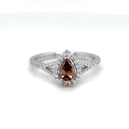 14KW 0.86CTW CHOCOLATE PEAR BRILLIANT DIAMOND HALO ENGAGEMENT RING VS2/FYB-VS/F-G 2.6G