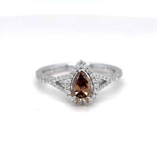 14KW 0.86CTW CHOCOLATE PEAR BRILLIANT DIAMOND HALO ENGAGEMENT RING VS2/FYB-VS/F-G 2.6G