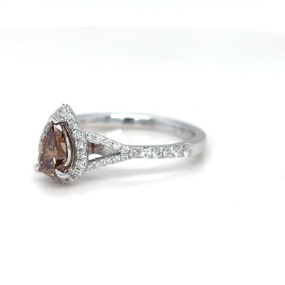 14KW 0.86CTW CHOCOLATE PEAR BRILLIANT DIAMOND HALO ENGAGEMENT RING VS2/FYB-VS/F-G 2.6G