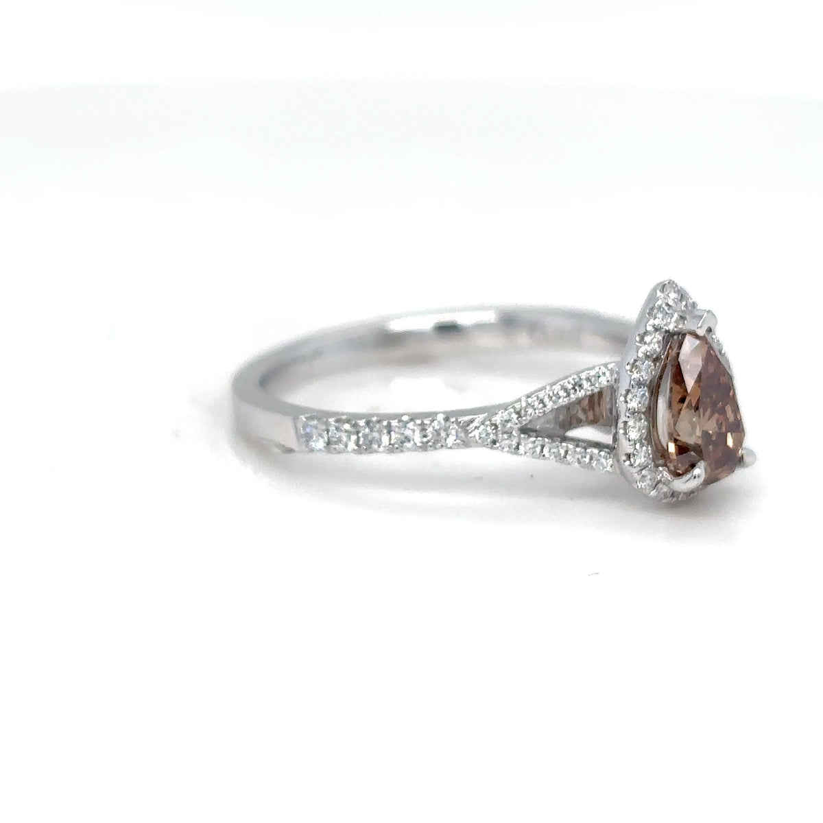 14KW 0.86CTW CHOCOLATE PEAR BRILLIANT DIAMOND HALO ENGAGEMENT RING VS2/FYB-VS/F-G 2.6G