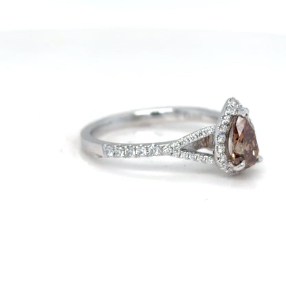 14KW 0.86CTW CHOCOLATE PEAR BRILLIANT DIAMOND HALO ENGAGEMENT RING VS2/FYB-VS/F-G 2.6G