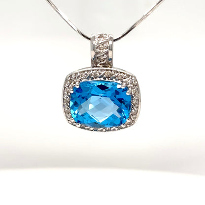 14KW 18" 12X10MM CHECKERBOARD BLUE TOPAZ-0.15CTW DIAMOND PEDNANT 6.4G