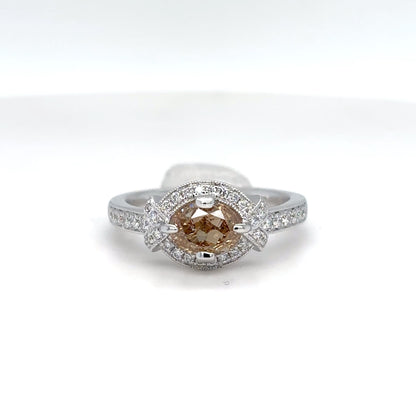 14KW 1.28CTW OVAL-ROUND BRILLIANT DIAMOND HALO RING SI2/FYB-VS2/F-G 3.5G