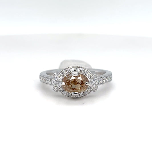14KW 1.28CTW OVAL-ROUND BRILLIANT DIAMOND HALO RING SI2/FYB-VS2/F-G 3.5G