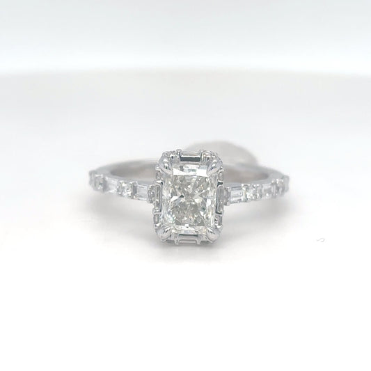 14KW 1.67CTW RADIANT-BAGUETTE-ROUND DIAMOND HALO RING VS1/G 3.0G
