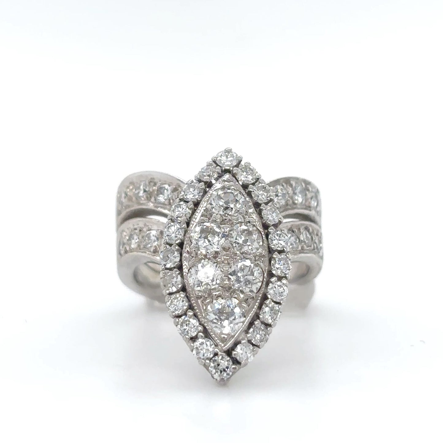 14KW 1.75CTW OLD EUROPEAN MARQUISE CLUSTER HALO DIAMOND BRIDAL SET VS2-SI1/G-H 9.3G