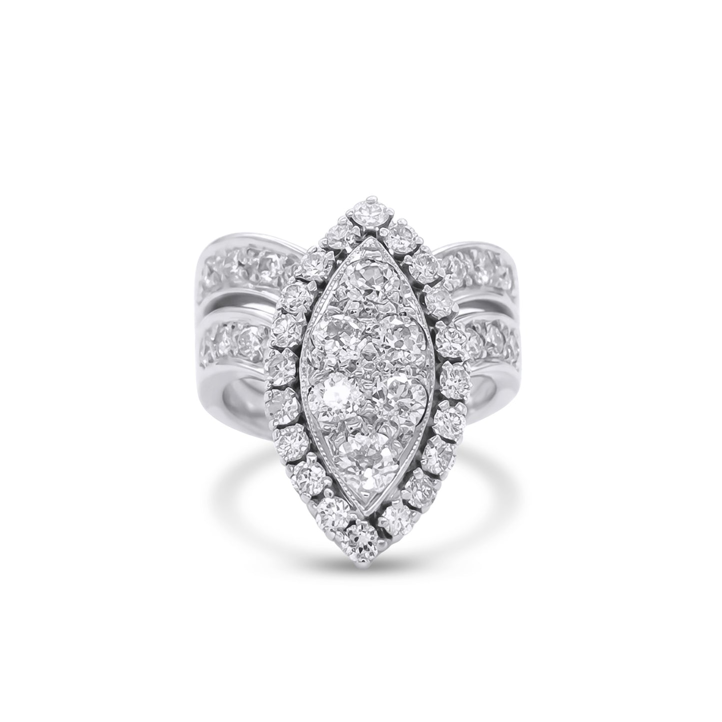 14KW 1.75CTW OLD EUROPEAN MARQUISE CLUSTER HALO DIAMOND BRIDAL SET VS2-SI1/G-H 9.3G