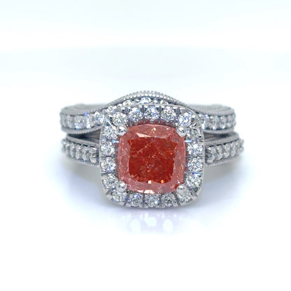 14KW 2PC 2.80CT FANCY VIVID PINK LAB GROWN-0.66CTW NATURAL DIAMOND BRIDAL SET VS1