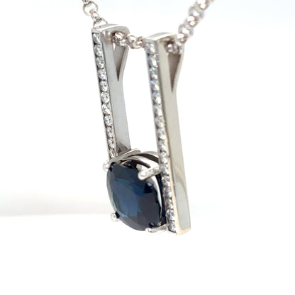 14KW 6.72CTW BLUE SAPPHIRE-DIAMOND BAR PENDANT "AA+" VS2/F-G 7.4G
