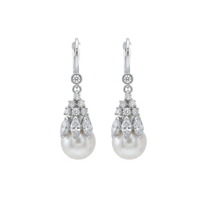 14KW 9.5MM SOUTH SEA PEARL-2.00CTW DIAMOND DANGLE EARRINGS "AA" VS/F-G 8.0G
