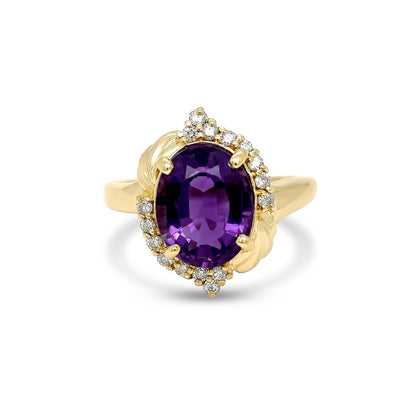 14KY 11X9MM OVAL AMETHYST-0.16CTW DIAMOND RING 5.9G