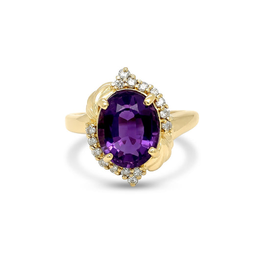 14KY 11X9MM OVAL AMETHYST-0.16CTW DIAMOND RING 5.9G