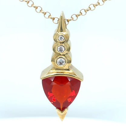 14KY 16" 5.40CTW MEXICAN FIRE OPAL-DIAMOND PENDANT "AAA" VS/F-G 12.3G