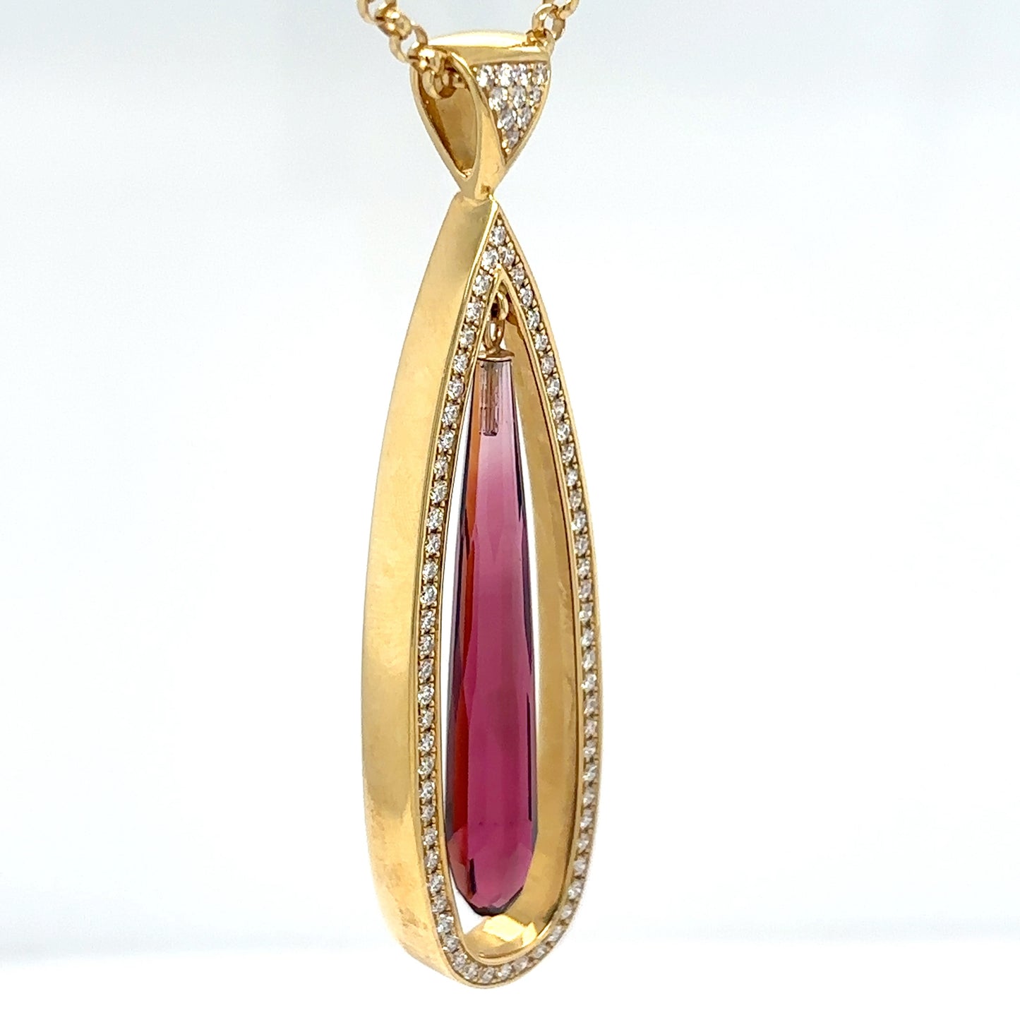 14KY 16" 9.50CTW PINK TOURMALINE-DIAMOND PENDANT "AAA" VS/F-G 17.5
