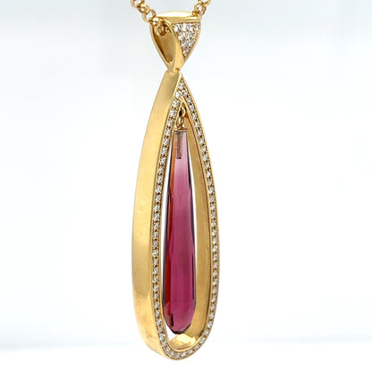 14KY 16" 9.50CTW PINK TOURMALINE-DIAMOND PENDANT "AAA" VS/F-G 17.5