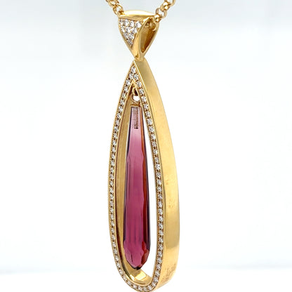 14KY 16" 9.50CTW PINK TOURMALINE-DIAMOND PENDANT "AAA" VS/F-G 17.5