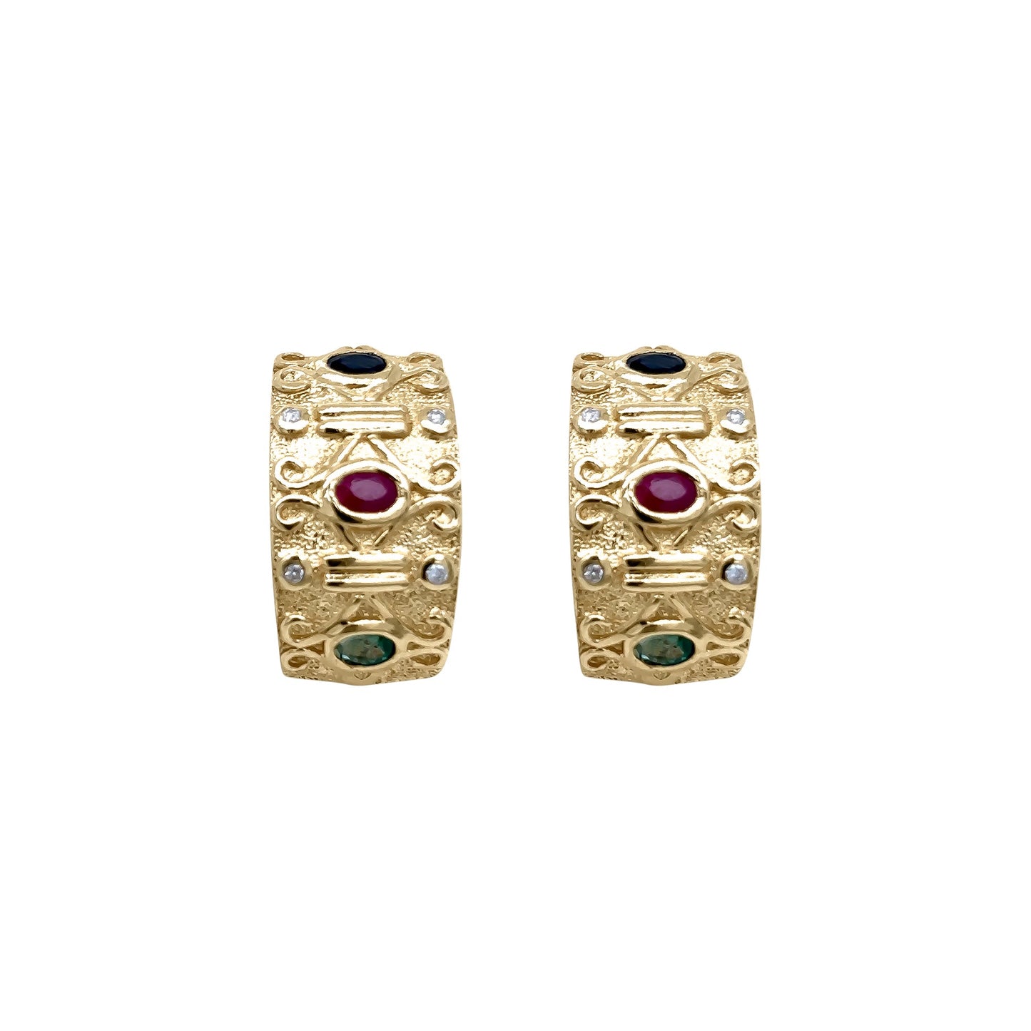 14KY 1.50CTW EMERALD-RUBY-SAPH & 0.10CTW DIAMOND EARRINGS 9.0G