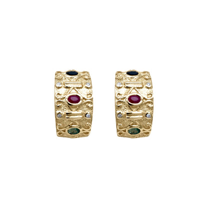 14KY 1.50CTW EMERALD-RUBY-SAPH & 0.10CTW DIAMOND EARRINGS 9.0G