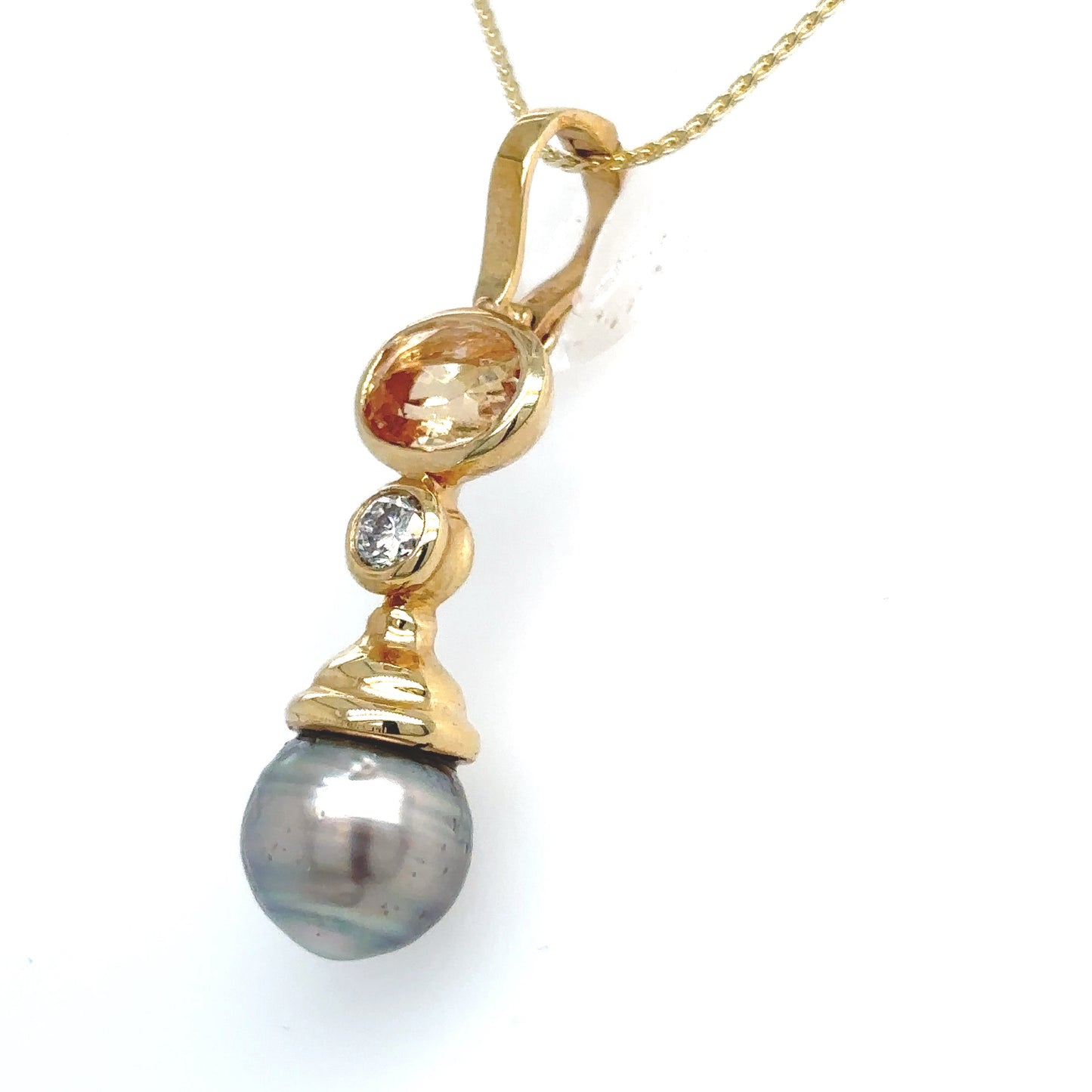 14KY 2.00CTW IMPERIAL TOPAZ-DIAMOND-9MM GREY SOUTH SEA PEARL PENDANT 3.2G