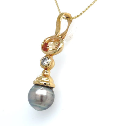14KY 2.00CTW IMPERIAL TOPAZ-DIAMOND-9MM GREY SOUTH SEA PEARL PENDANT 3.2G