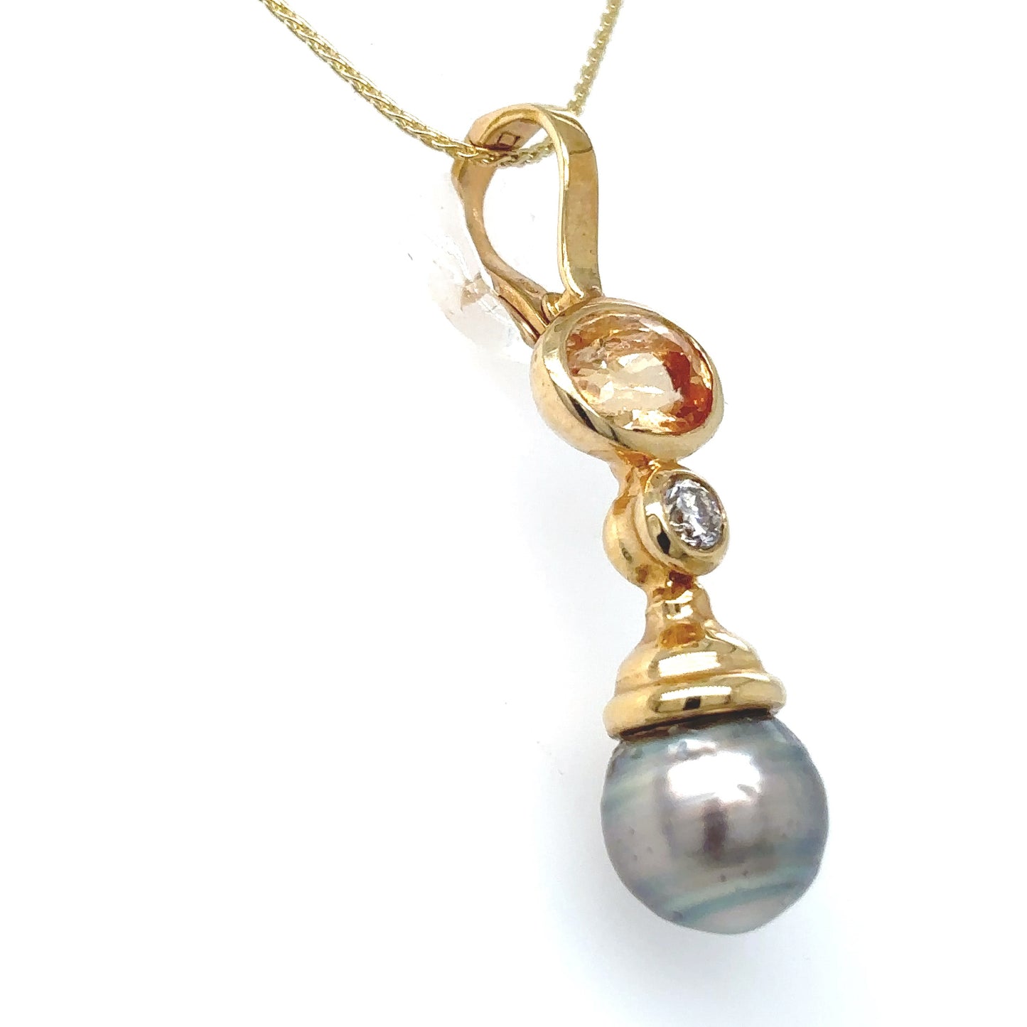 14KY 2.00CTW IMPERIAL TOPAZ-DIAMOND-9MM GREY SOUTH SEA PEARL PENDANT 3.2G