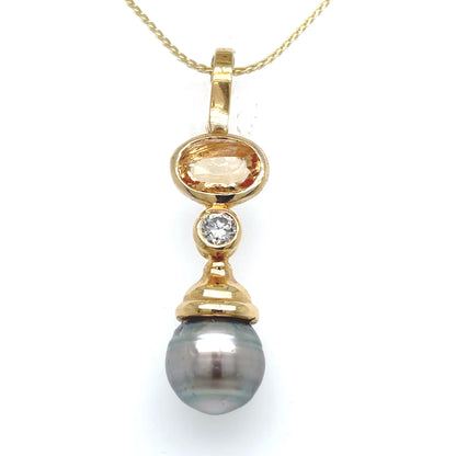14KY 2.00CTW IMPERIAL TOPAZ-DIAMOND-9MM GREY SOUTH SEA PEARL PENDANT 3.2G