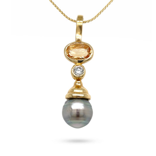14KY 2.00CTW IMPERIAL TOPAZ-DIAMOND-9MM GREY SOUTH SEA PEARL PENDANT 3.2G - Michael & Co. Jewelers