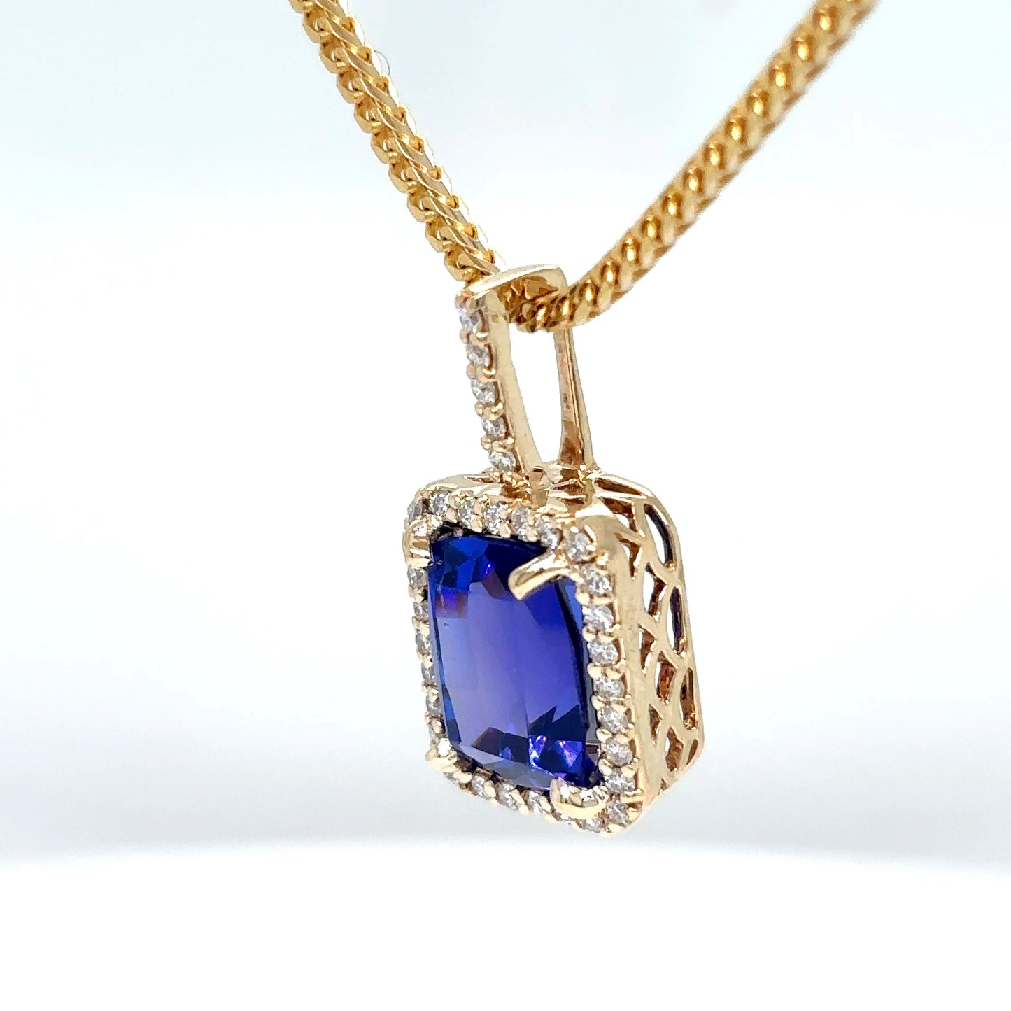 14KY 4.42CTW TANZANITE-DIAMOND HALO PENDANT "AAA" VS2/F-G 3.0G