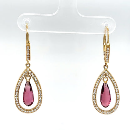 14KY 4.80CTW PINK TOURMALINE-DIAMOND DANGLE EARRINGS "AAA" VS/F-G 7.4G