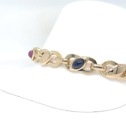 14KY 7.5" 9.0MM CABACHON SAPPHIRE & RUBY BRACELET 11.7G