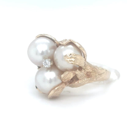 14KY 8.0-8.5MM THREE PEARL-0.05CT DIAMOND RING "AA" SI/G-H 11.1G