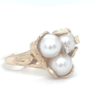 14KY 8.0-8.5MM THREE PEARL-0.05CT DIAMOND RING "AA" SI/G-H 11.1G