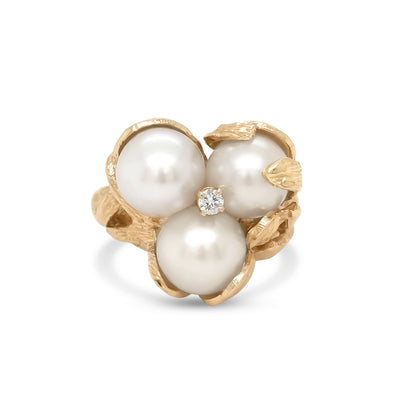 14KY 8.0-8.5MM THREE PEARL-0.05CT DIAMOND RING "AA" SI/G-H 11.1G
