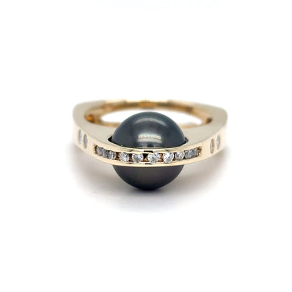 14KY CONTEMPORARY 9.0MM BLACK PEARL-0.20CTW ROUND DIAMOND RING SI/G-H 5.8G