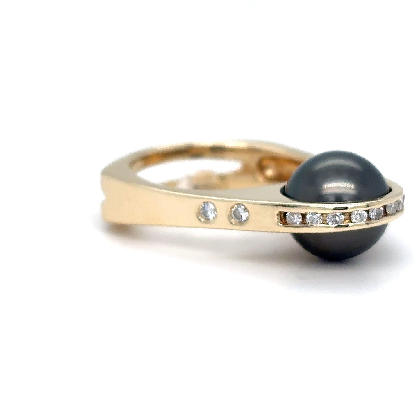 14KY CONTEMPORARY 9.0MM BLACK PEARL-0.20CTW ROUND DIAMOND RING SI/G-H 5.8G