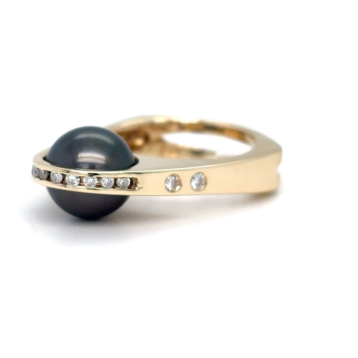 14KY CONTEMPORARY 9.0MM BLACK PEARL-0.20CTW ROUND DIAMOND RING SI/G-H 5.8G