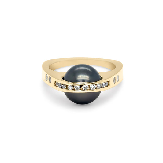 14KY CONTEMPORARY 9.0MM BLACK PEARL-0.20CTW ROUND DIAMOND RING SI/G-H 5.8G - Michael & Co. Jewelers