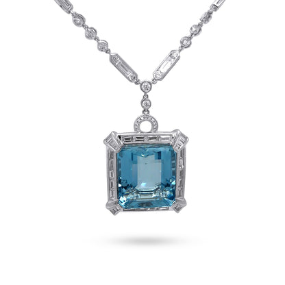 18KW 17" 24.61CT EMERALD CUT AQUAMARINE-3.66CTW BG/RBC DIAMOND PENDANT "AAA" VS2/G 24.0G