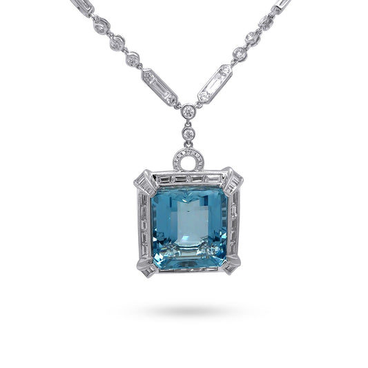 18KW 17" 24.61CT EMERALD CUT AQUAMARINE-3.66CTW BG/RBC DIAMOND PENDANT "AAA" VS2/G 24.0G - Michael & Co. Jewelers