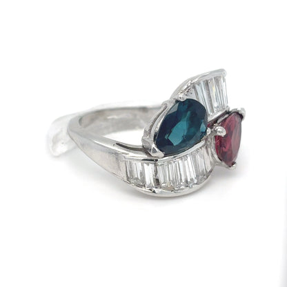 18KW 4.34CTW BLUE-PINK TOURMALINE-BAGUETTE DIAMOND RING "TOP GEM" VS/F-G 8.9G