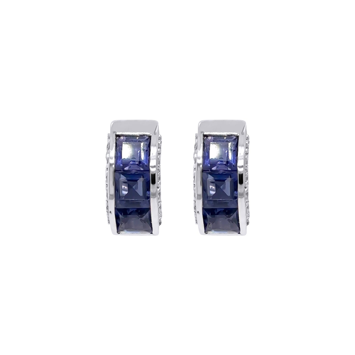 18KW 2.82CTW IOLITE-DIAMOND HOOP EARRINGS "AAA" SI/G-H 6.9G