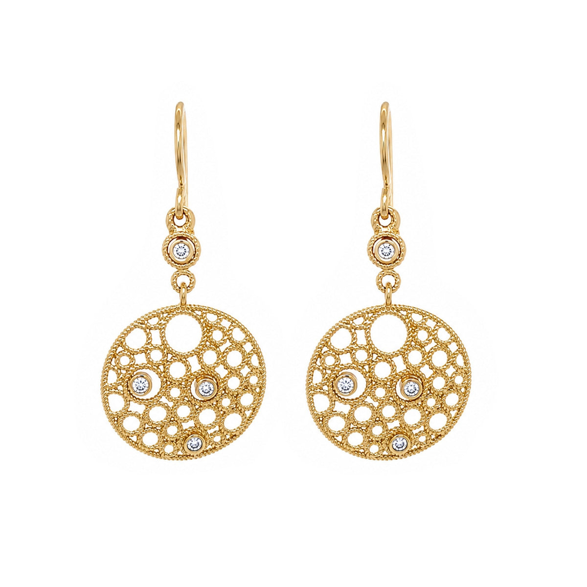 18KY 0.16CTW ROUND FILIGREE DIAMOND DANGLE EARRINGS SI1/G-H 6.2G