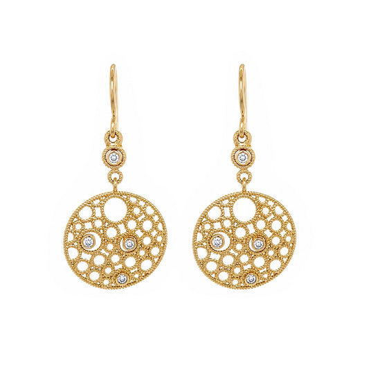 18KY 0.16CTW ROUND FILIGREE DIAMOND DANGLE EARRINGS SI1/G-H 6.2G
