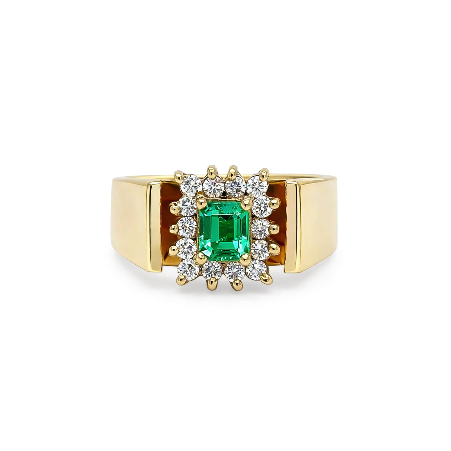 18KY 0.65CTW EMERALD-DIAMOND HALO RING "AAA" VS/G-H 8.6G