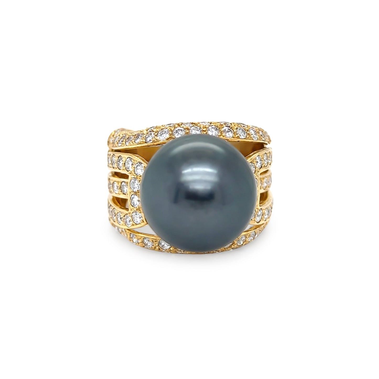 18KY 14.5MM BLACK SOUTH SEA PEARL-1.50CTW PAVE DIAMOND RING 17.6G