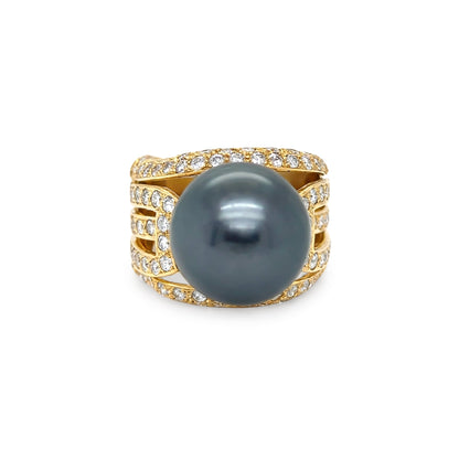 18KY 14.5MM BLACK SOUTH SEA PEARL-1.50CTW PAVE DIAMOND RING 17.6G