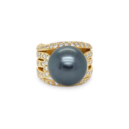 18KY 14.5MM BLACK SOUTH SEA PEARL-1.50CTW PAVE DIAMOND RING 17.6G