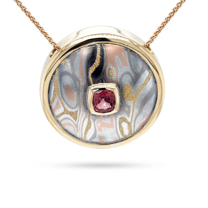 18KY 1.20CT CUSHION PADPARADSCHA SAPPHIRE MOKUME PENDANT 13.2G