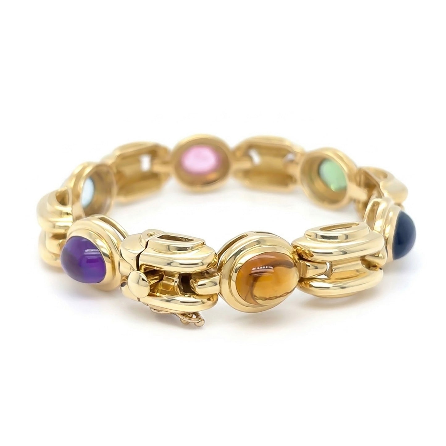 18KY 7" 10X8MM CABACHON AM-BT-PT-GT-IO-CI BRACELET 54.7G